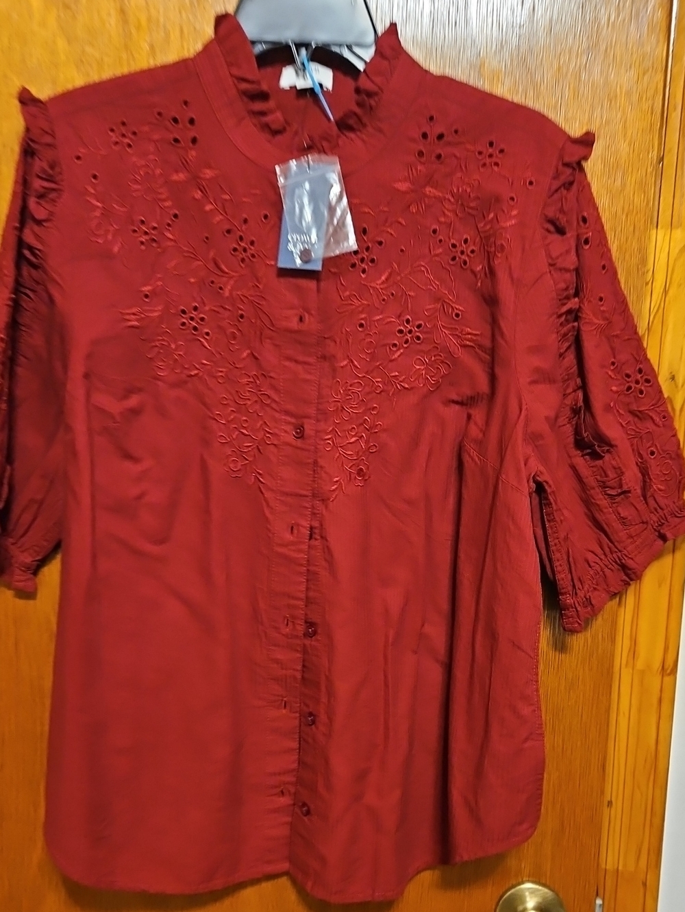crown & ivy Burgundy Eyelet Ruffle Button-Down Blouse